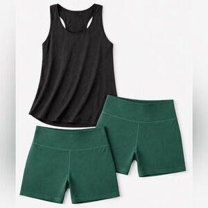 3-piece All in motion Active Set Black Tank Top and x2 Green Shorts Set Sz S NWT
